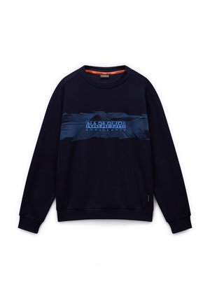 Navy sweatshirt with a crew neck, featuring a blue graphic stripe across the chest that includes the "NAPAPIJRI" logo in contrasting colors.