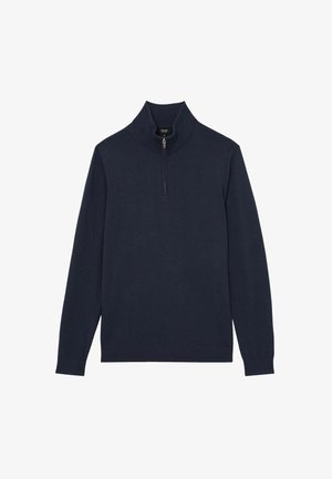 Navy long-sleeve sweater with a zip collar, displayed on a plain background, emphasizing its simple and versatile design.