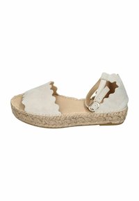 White suede espadrille sandal with a scalloped edge, jute-covered wedge sole, adjustable ankle strap, and a smooth interior lining.