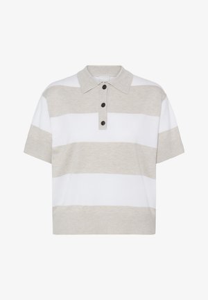 Kurzärmeliges Poloshirt mit breiten, horizontalen beige-weißen Streifen, drei schwarzen Knöpfen auf der Knopfleiste und einem beigen Kragen.