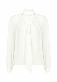 Blusa bianca a maniche lunghe con colletto alto, dettaglio annodato sul davanti, pieghe e accenti dorati sullo scollo. Tessuto liscio e vestibilità morbida.