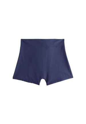 Mørkeblå badeshorts med høj talje, glat tekstur og tætsiddende design.