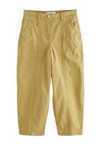 Khaki spodenki cropped wykonane z miękkiej mieszanki bawełny, z przednimi kieszeniami, widocznymi szwami oraz luźnym krojem z prostymi nogawkami.