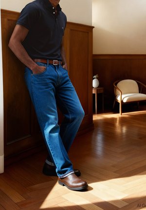 Sabots en cuir marron pour hommes assortis à un jean bleu et un polo noir. Lambris en bois et sol en bois clair dans un intérieur bien éclairé.