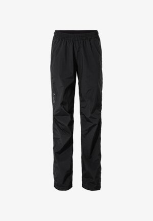 Waterdichte zwarte broek met een elastische tailleband, met een gladde textuur, recht-lange ontwerp en logo-detail aan de zijkant.