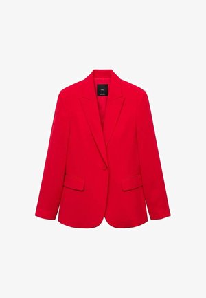 Rode blazer gemaakt van soepele stof, met een notch-revers, twee voorzakken en een getailleerde pasvorm met een enkele knoopsluiting.