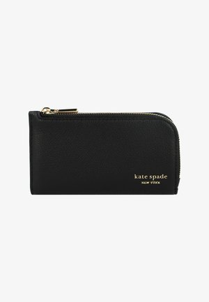 Black zippered wallet made of textured leather. Features gold hardware and embossed brand name along the front. Compact rectangular design.