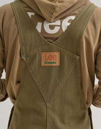 Salopette rayée verte et jaune avec un design en V au dos, arborant un patch en cuir étiqueté "Lee Crayola" et un sweat à capuche beige en dessous.
