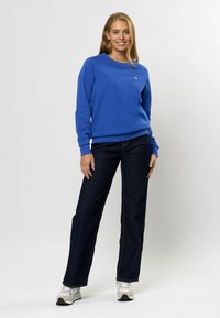 Felpa blu con colletto rotondo e polsini a coste, abbinata a jeans a gamba larga blu scuro e sneakers grigie, in piedi contro uno sfondo bianco.
