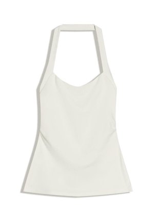 Witte haltertop met een getailleerd lijfje en een lichte uitlopende taille, gemaakt van gladde stof.