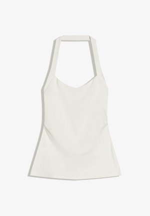 Witte haltertop met een getailleerd lijfje en een lichte uitlopende taille, gemaakt van gladde stof.