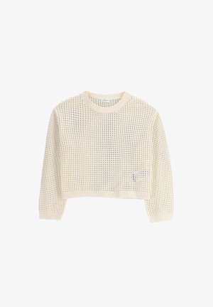 Sweter w kolorze kremowym, wykonany na drutach, z długimi rękawami i luźnym, otwartym splotem, z prążkowanymi mankietami, dolnym brzegiem i dekoltem.