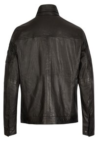 Schwarze Lederjacke mit einem klaren Design, hohem Kragen, gerippten Schulterakzenten und geknöpften Manschetten mit einer glatten Textur.