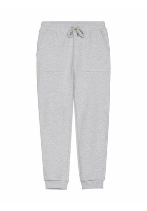 Jasnoszare spodnie dresowe z elastycznym paskiem w talii, sznurkiem do regulacji, bocznymi kieszeniami i ściągaczami przy kostkach.