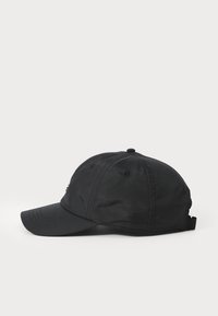 Black baseball cap made of smooth fabric, featuring a curved brim, structured crown, and an adjustable strap at the back.