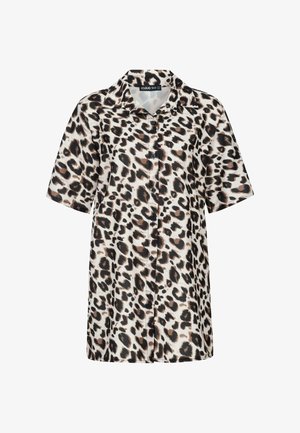 Kurzarmhemd im Leopardenmuster, mit einem Kragen und Knopfverschluss. Aus glattem Stoff mit einer leichten, luftigen Textur gefertigt.