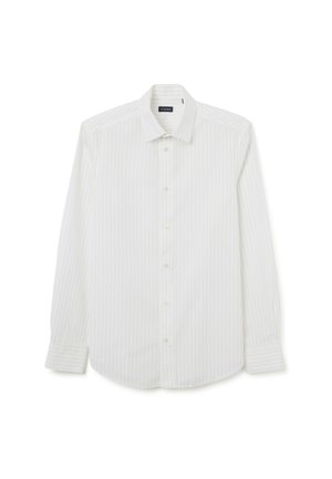Witte button-up shirt met verticale grijze strepen, lange mouwen, een klassieke kraag en afgeronde zoom. Gemaakt van lichtgewicht stof.