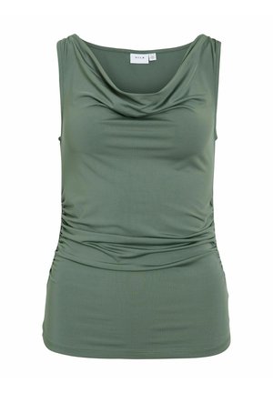 Ärmelloses olivgrünes Top mit drapiertem Wasserfallausschnitt und gerafften Seiten, tailliert, aus glattem Stretchstoff gefertigt.