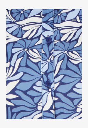 Stof met bloemenpatroon in tinten blauw en wit, met een knoopsluiting met effen blauwe knopen en een zachte, gladde textuur.