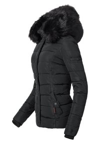 Black puffer jacket with a faux fur-trimmed hood, quilted design, ribbed cuffs, and zipper/button closure on the front and pockets.