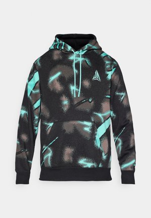 Schwarzer Kapuzenpullover mit abstrakten türkisfarbenen und braunen Mustern, einer Fronttasche und verstellbarem Kordelzug in der Kapuze.