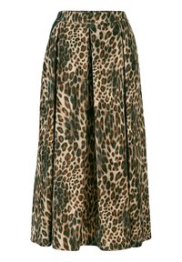 Midi-jurk met plooien en een luipaardprint in bruine, zwarte en beige tinten.