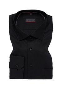 Camicia nera in taglio moderno con colletto a punta, maniche lunghe e polsini abbottonati. Realizzata in tessuto liscio con una leggera lucentezza.
