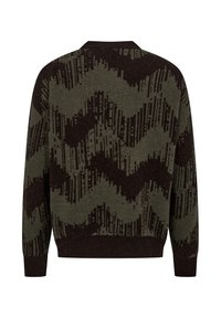 Dunkelgrüner Strickpullover mit einem gewellten schwarzen Muster. Verfügt über einen Rundhalsausschnitt und lange Ärmel. Ribbelbündchen und Saum, strukturierter Stoff.