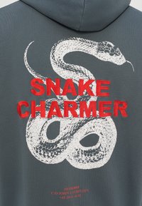 Sweatshirt gris avec un graphique de serpent blanc et un texte rouge vif indiquant "SNAKE CHARMER" au dos. Texture de tissu lisse.