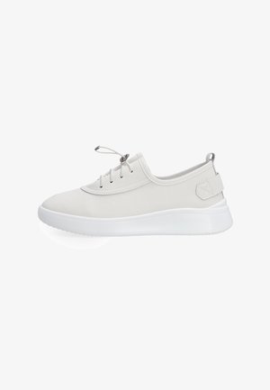 White sneaker with a textured upper, lace-up design, round toe, and a flat, white rubber sole. Features a small accent on the heel.