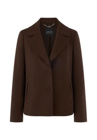 Brauner Blazer mit tailliertem Design, Reverskragen, zwei vorderen Taschen und einreihiger Knopfverschluss. Hergestellt aus glattem Stoff.