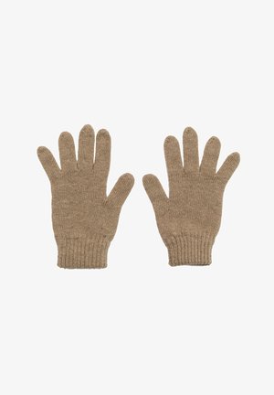 Helle gestrickte Handschuhe mit einem gerippten Bündchen, die fünf separate Fingerlöcher aufweisen und eine einheitliche Textur haben.