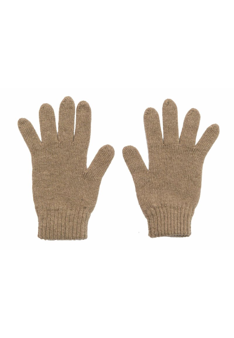 Béžové pletené rukavice s vroubkovaným lemem, které mají pět samostatných otvorů na prsty a jednotnou strukturu po celém povrchu.