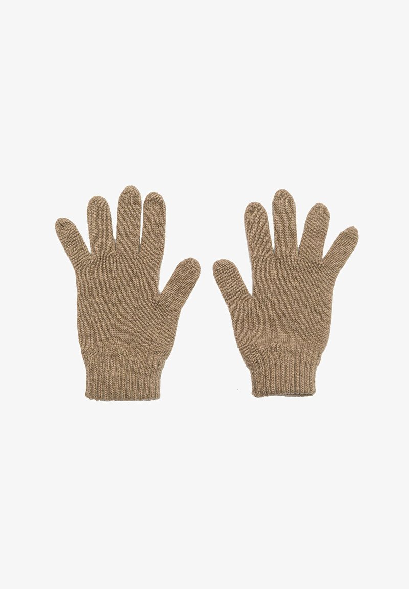 Béžové pletené rukavice s vroubkovaným lemem, které mají pět samostatných otvorů na prsty a jednotnou strukturu po celém povrchu.