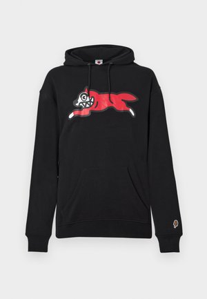 Zwarte hoodie van een katoenmengsel, met een rood-wit-grijze afbeelding van een springende wolf. Voorzien van een voorzak en geribbelde manchetten.
