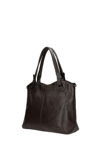 Borsa tote in pelle marrone scuro con superficie testurizzata, manici doppi e dettagli in metallo. Presenta un logo sul davanti.