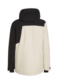 Veste bicolore en noir et beige avec une capuche, des manches longues et un col montant, vue de dos.