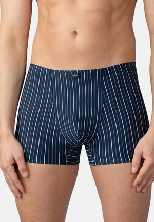 Navy blue boxer briefs with white vertical stripes, featuring a front pouch and a logo on the waistband. Soft, stretchy fabric.