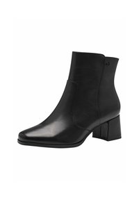 Botine negre din piele cu vârf ascuțit și toc pătrat. Prezintă panouri laterale și un buton rotund mic ca accent. Textură netedă.