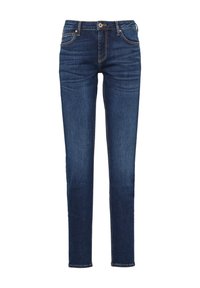 Jean en denim bleu foncé avec une coupe slim, comportant cinq poches, des détails de couture subtils et un bouton en métal à la taille.