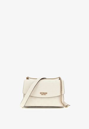 Borsa in finta pelle bianca con motivo floreale impresso, hardware in tonalità oro, catena e tracolla in pelle, e chiusura a patta anteriore.