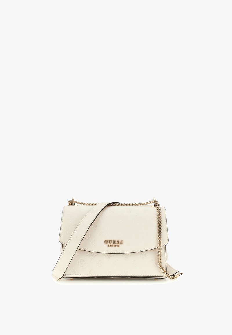 Borsa in finta pelle bianca con motivo floreale impresso, hardware in tonalità oro, catena e tracolla in pelle, e chiusura a patta anteriore.