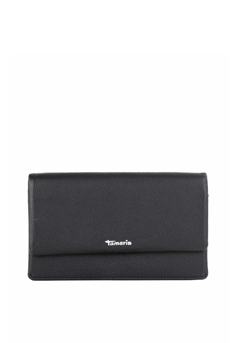 Black textured leather wallet with a fold-over design. Features a silver "Tamaris" logo on the front. Compact and rectangular shape.