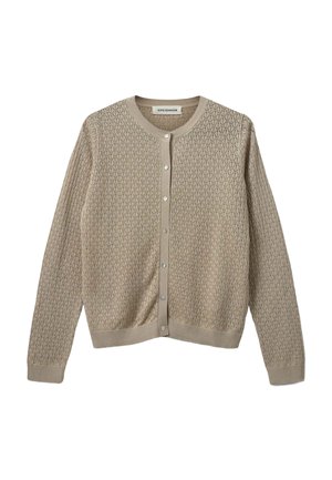 Cardigan beige lavorato a maglia con un motivo testurizzato, scollo rotondo e chiusura con bottoni. Presenta polsi e orlo a coste, con una lucentezza sottile.