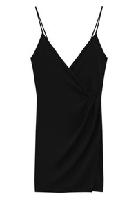 Vestido negro sin mangas con escote en V y un diseño frontal drapeado, con tirantes finos y una abertura lateral para estilo y comodidad.