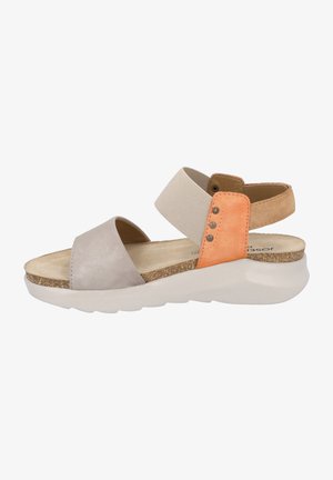 Wedge sandals featuring a grey leather upper, beige elastic strap, and orange suede accent. Textured cork footbed and white rubber sole.