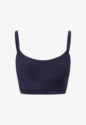 Bralette blu navy realizzato in tessuto liscio e elasticizzato. Presenta spalline sottili e regolabili e un design semplice e senza cuciture. Senza imbottitura né ferretto.