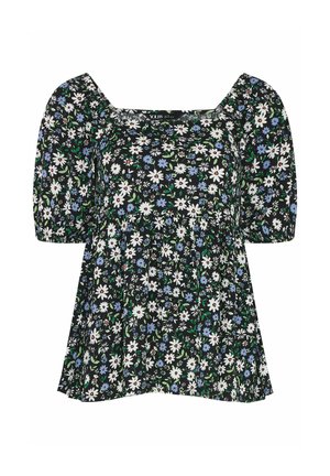 Black short-sleeve blouse with puffed sleeves and white, blue, and green floral pattern, featuring a square neckline and gathered waist.