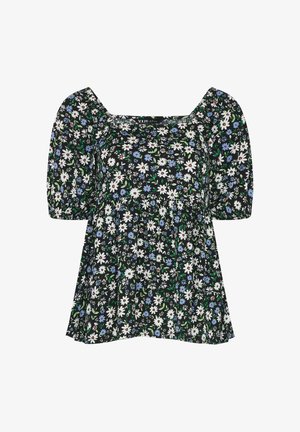 Sort kortærmet bluse med puffede ærmer og hvidt, blåt og grønt blomsterprint, med firkantet halsudskæring og indsnævret talje.