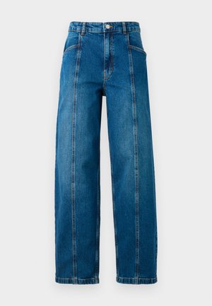 Høyt midjebåndet blå denimbukser med vide ben, vertikale sømmer foran, sidelommer, beltehemper og knappelukking.